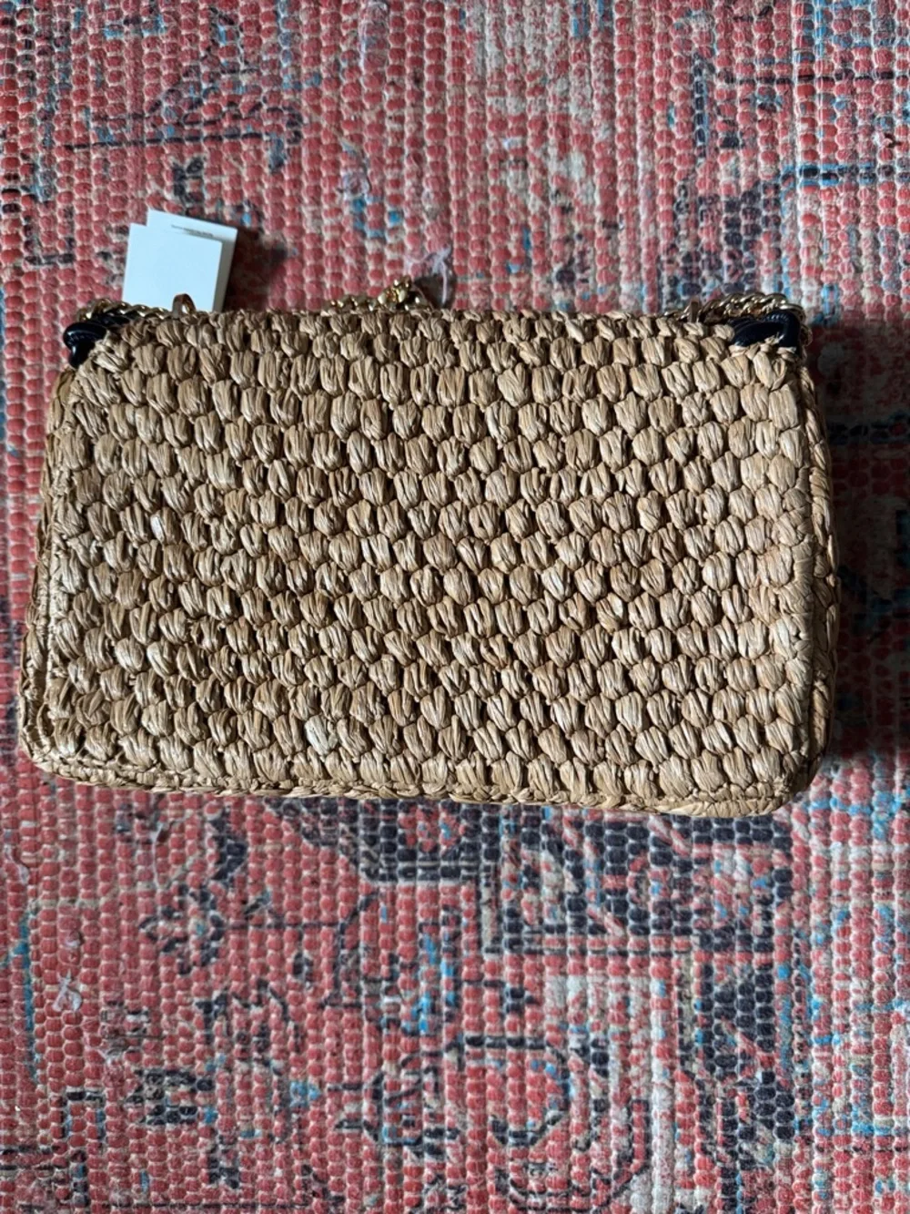 Tory Burch Woven Straw Shoulder Bag with Black Trim and Gold Chain Handle